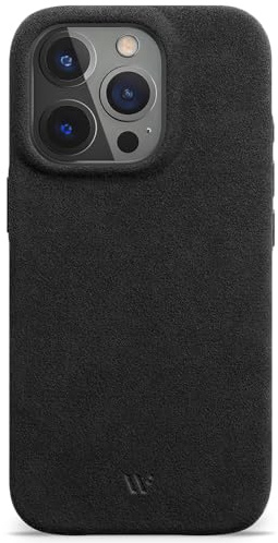 WIIUKA Hülle für iPhone 15 Pro, original Alcantara®, handgefertigt, extra Dünn, Premium Handyhülle, Case, Qi, Leder-Alternative, skiin Alcantara, Schwarz