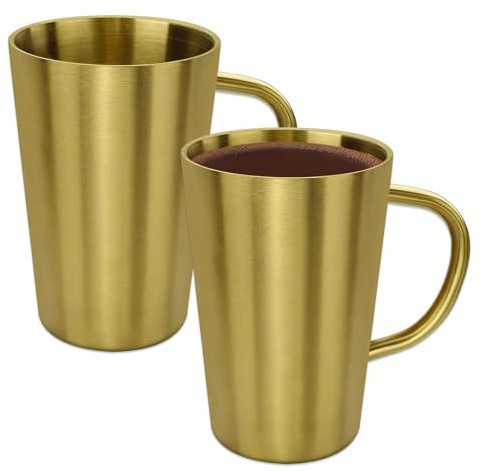 LELE LIFE 2 Pack Stainless Steel Coffee Mug with Handle, 350ml Metal Double Walled Insulated Cups Camping Mug for Home Camping Travel Outdoors RV, Gold