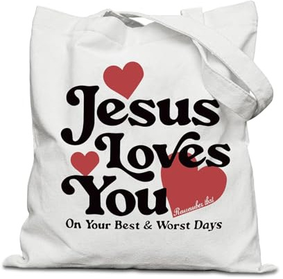 Fychuo Christliche Stoffbeutel, Canvas Tragetasche Bedruckt mit Jesus Loves You, Jesus Einkaufstasche für Gläubige, Christliche Geschenke für Frauen, Christliche Deko, 40x35cm