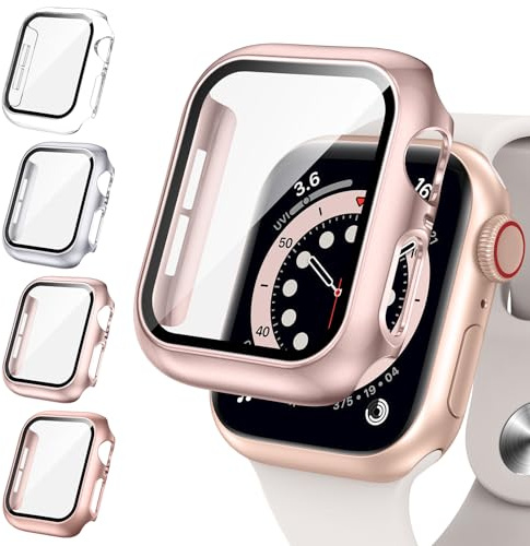 Neitra 4 Stück Hülle für Apple Watch Series SE/6/5/4 44mm Schutzhülle mit HD Glass Displayschutzfolie,Hart PC Voller Körper Kratzfest Gehäuse,Smartwatch Zubehör für Mann Frau