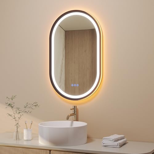 AQUABATOS Badspiegel mit Beleuchtung Oval schwarz quer senkrecht 50 x 80 cm Aluminiumrahmen Schrägdesign direkter und indirekter LED-Beleuchtung Antibeschlag Touch dimmbar mit Wandschalterfunktion