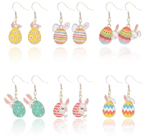 6 Paar Ostern Ohrringe Damen Set, Süße Hase Osterei Anhänger, Bunte Ohrhänger für Junge Mädchen, Ohrringe Frühling Party Schmuck, Lustige Tier Kaninchen Deko, Kostüm Zubehör Geschenke