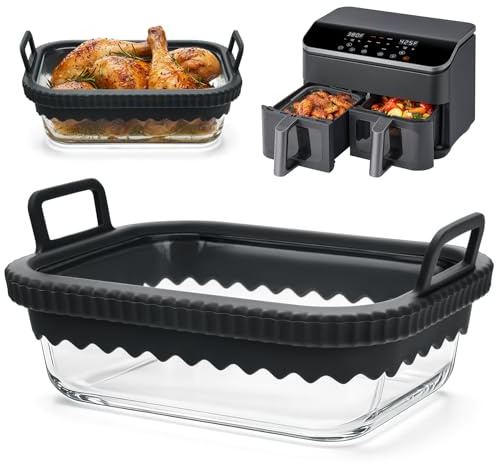 Auflaufform Airfryer Ninja mit Silikongriffen für Ninja Cosori Philips, Airfryer Glasbehälter Hitzebeständig Kraztfest Spülmaschinenfest, Herausnehmbarer Silikonring Auflaufform für Heißluftfritteuse