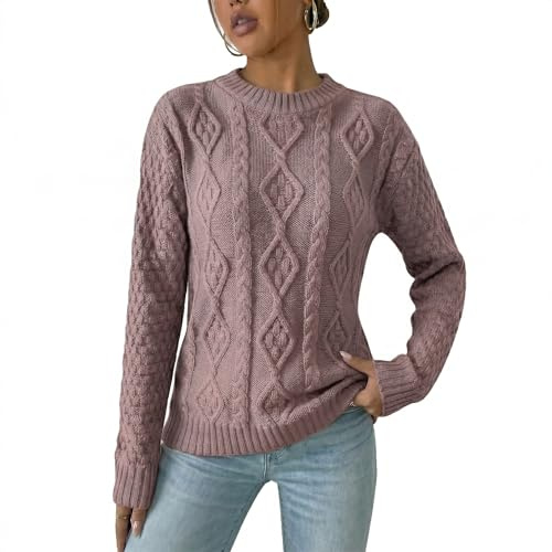 Red Olives Ladies Women’s New Chunky Diamond Cable Knitted Long Sleeve Sweater Pull Over Jumper Top Cable Knit Warm Chunky Sweater Formal Everyday Casual Crew Neck Pullover Tops