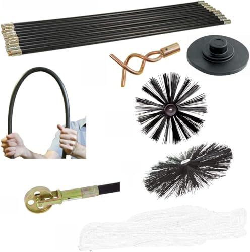 Kamin Ofen Abzugs Rohr Schornstein Reinigungs-Set 16-tlg. – 10 Reinigungsstangen á 920 x 18 mm, Doppelspirale, Gummiteller, Schornsteinbesen, Abzugsrohrbesen und Leitrad