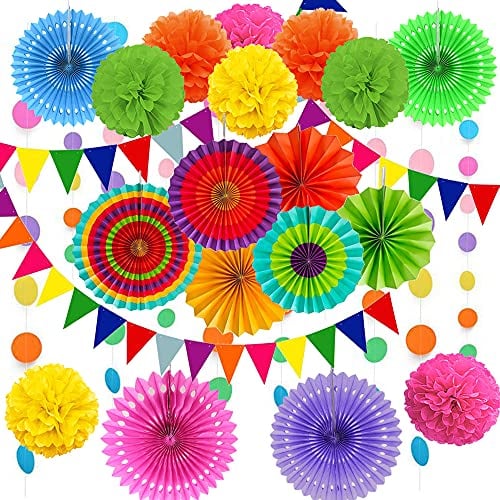 Cojoy 21 Stück Party Dekorationsset, hängende Papier fächer, pompons Blumen, Papier Wimpel und Punktekette für Geburtstag, Hochzeit, Babyparty, Fiesta Party dekoration