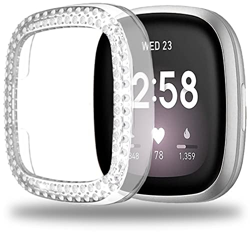 Miimall Kompatibel mit Fitbit Versa 3 Hülle, Strass Glitzer Harter PC Schutzhülle Stoßfest Kratzfest Bling Diamant Rahmen Stoßstange Schutz Case für Fitbit Versa 3 - Klar