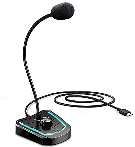 XIAOKOA Microfono USB,Microfono a Condensatore per PC/Laptop/PS4, con Interruttore del Volume e Jack per Cuffie da 3,5 mm,per Registrazione/Podcasting/Youtube/Gaming,con Luce a LED