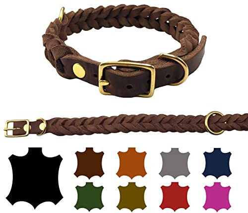 Hundehalsband Fettleder große Hunde verstellbar Messing handgeflochten Made IN Germany Lederhalsband (M 37cm-43cm Breite:25mm, Braun)