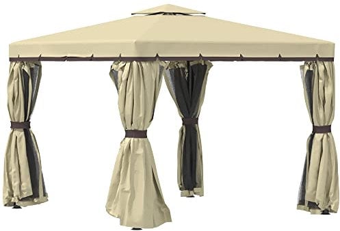 Outsunny 3 x 3(m) Patio Gazebo Canopy Garden Pavilion Tent Shelter with 2 Tier Water Repellent Roof, Mosquito Netting and Curtains, Aluminium Frame, Beige