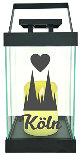 WB wohn trends Edle Glas-Laterne mit LED-Kerze, Kölner Dom Herz Köln, Timer, 35cm hoch mit Bügel, 24,5x13x13cm, Batterie LED-Licht LED-Laterne LED-Lampe mit Text Spruch