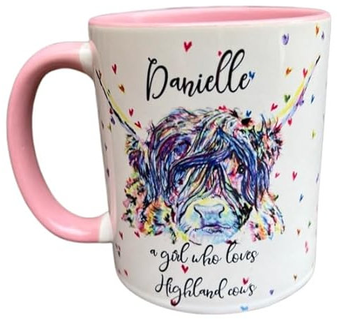 Just a girl who loves highland cows water coloured themed mug with love heart background (Pink)