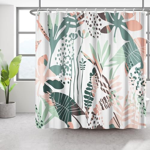 Bovlleetd 180x180cm Rideau de Douche Plante Abstraite Aquarelle Tropical Botanique - Salle de Bain Bohème Décoratif Imperméable Avec Crochet