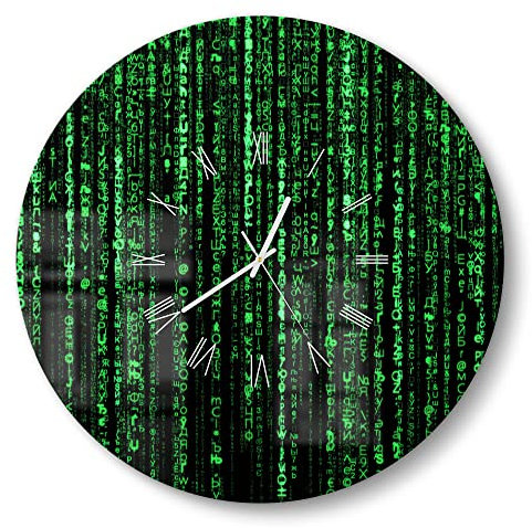 DEQORI Glasuhr | rund Ø 50 cm | Motiv Verschlüsselter Code | große XXL Design Uhr aus Glas | leise Wanduhr für Wohnzimmer & Küche | Moderne Hingucker Uhr für die Wand
