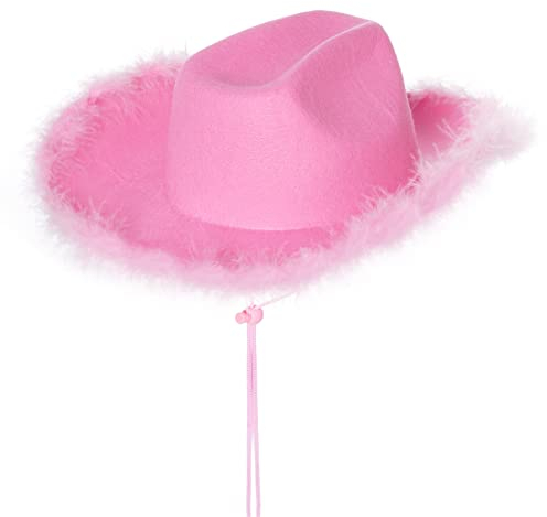 jerbro Cowgirl-Hut, Feder, Kuh-Mädchen-Hut, flauschige Cowboyhüte für Western-Party, Halloween, Cosplay, Frauenkostüm, Verkleidungszubehör (Erwachsene, Rosa)