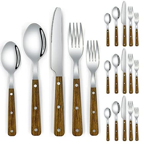 20 Pezzi Di Argenteria Con Manico In Legno Per 4 Persone, Set Di Posate In Acciaio Inossidabile 18/10, Coltello Da Tavola Per Bistecca, Forchetta, Cucchiaio, Forchetta Da Frutta, Cucchiaio Da Tè. (A)