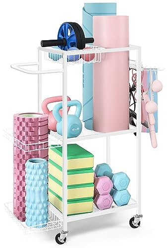 LIANTRAL Dumbbell Rack, Yoga Mat Storage Rack, Workout Equipment Storage Rack for Dumbbells Kettlebells Yoga Mat and Balls, Home Gym Storage Organizer with Hooks and Wheels - White
