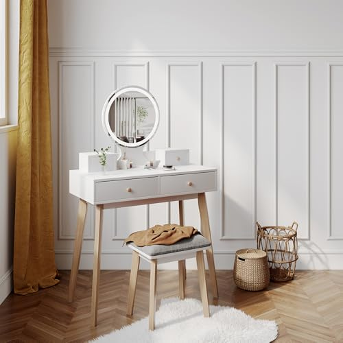 Vicco Schminktisch Finya, Weiß, 80 cm | mit LED Spiegel und Hocker, zur Aufbewahrung und Organisation von Kosmetikartikeln