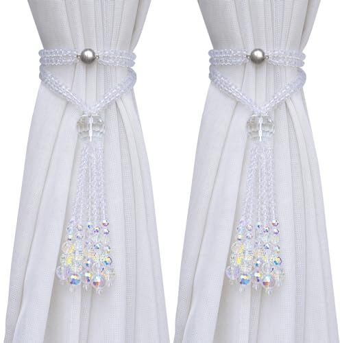 PEDOBO Magnetische Vorhang-Raffhalter, 2 Stück, Kristall-Perlen, Quaste, durchscheinend, Vorhanghalter, Boho-Hängedekoration für Bauernhaus, Zuhause, Büro (Crystal AB)