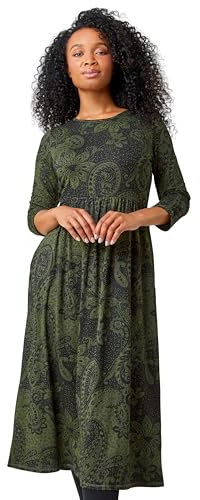 Roman Originals Midi Dress with Pockets for Women UK Ladies Stretchy Jersey Maxi Long 3/4 Length Sleeve Gathered High Waist Boho Flattering Skater Swing Fit Flare - Khaki Grey - Size 14