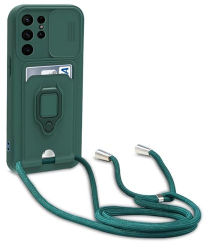 yanasuo Schiebe Kameraschutz Silikon Handykette Hülle kompatibel mit Samsung Galaxy S24 Ultra, Metall Ring Halter Handy Cover,Verstellbarer Halskette Handyhülle-Dunkel Grün