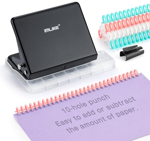 IMLIKE 10-Loch-Bindemaschine für Planer, manuelles Metallbindesystem mit 10 mehrfarbigen 30-Loch-Binderücken für lose Blätter, stanzt 26 Löcher auf B5, 30 Löcher auf A4, 20 Löcher auf A5-Papier,