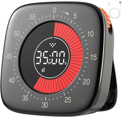 Dealswin Visual Timer Rechargeable, Timer Digital Timers with 4 Alarm Modes, Improved 60 Minutes Time Timing & Countdown Timer for Kids Study Kitchen Cooking Office（Black）