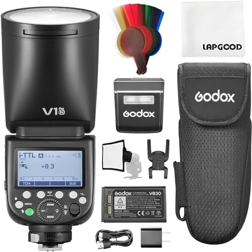 Godox V1 PRO-N V1pro N TTL Rundkopf Kamerablitz für Nikon,78Ws 2,4G HSS 1/8000s Li-Ion Blitzgeräte mit Externer Blitz SU-1,LED-Modellierlampe Godox Blitz Nikon