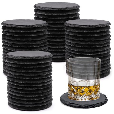 VIBRATITE 60 Stück Schiefer Untersetzer, 10,2 cm Schwarzer Schieferstein Getränkeuntersetzer Glasuntersetzer mit Anti-Kratz-Boden für Lasergravierte, Kaffee, Bar, Küche, Heimdekoration, Rund
