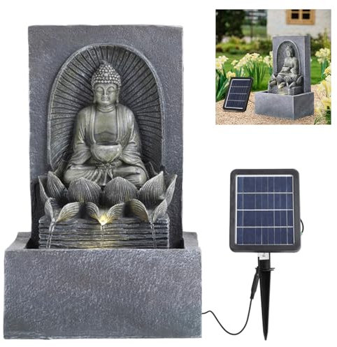 BTGGG Outdoor Solar Water Fountain - Solar Powered Garden Water Features with Lights & Waterfall Decoration for the Garden - Solar Buddha Fountain, Grey