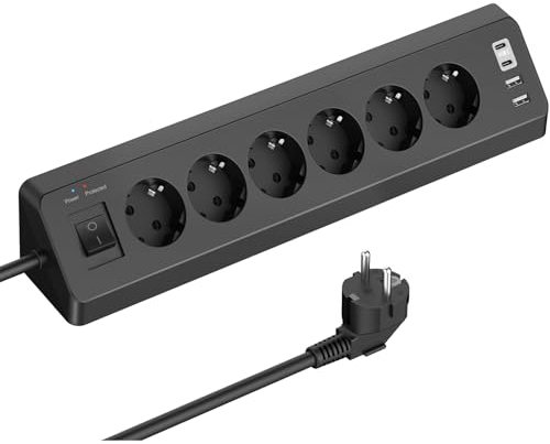 Ecksteckdose mit 4 USB(2 Type-C), 6 Fach Mehrfachsteckdose mit Schalter, Steckdosenleiste Überspannungsschutz mit USB C und 2M Kabel für Küche (Schwarz)