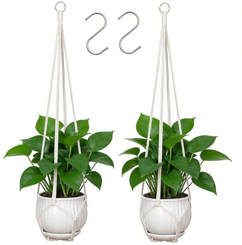 YIBOT Makramee Pflanzenhänger Indoor 2er Set mit 2 S-Haken, Indoor Outdoor Hängender Pflanzgefäß für Pflanzen Halter mit Dekorativ Keine Quasten, Boho Home Decor, 89,9 cm, Elfenbein (Töpfe Nicht