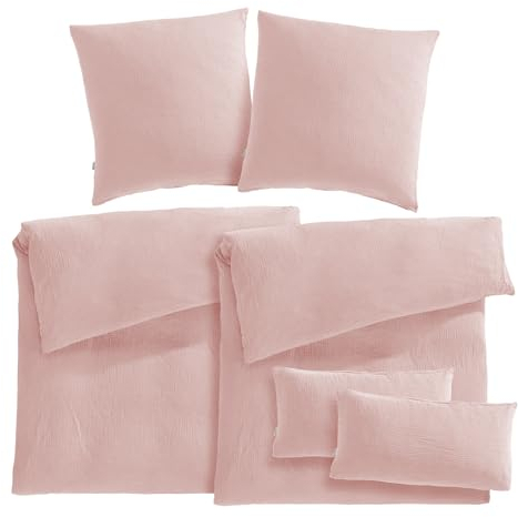 Pure Label Musselin Bettwäsche 135x200 6-teilig: Bettbezug + 80x80 & 40x80 Kissenbezüge aus Baumwolle - Weiche Bettwäsche in rosa
