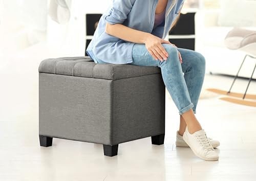 Pouf Poggiapiedi Cubico XXL Con Contenitore Integrato Cubo Imbottito Lino 45Cm Piedini legno Panca Moderna Cassapanca Soggiorno Panchina Ingresso Scarpiera Sgabello Grande - Grigio1