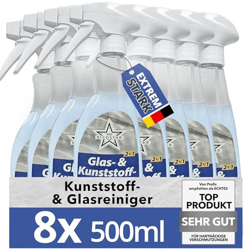 Ricostar 2in1 Glas- & Kunststoffreiniger 8x500 ml – Scheibenreiniger für streifenlosen Glanz & Sauberkeit – Glasreiniger für Fenster, Spiegel, Autoscheiben & Kunststoffflächen – Effektiv gegen Schmutz