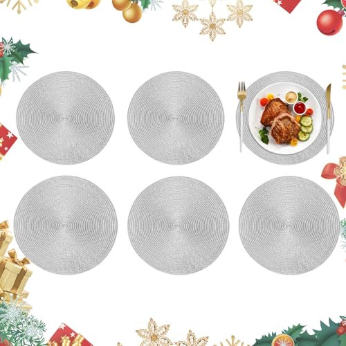 Homcomodar Weihnachten Tischsets Rund 6PCS Silberner Platzsets Abwaschbar 34cm Glitzer Platzdeckchen Hitzebeständigem Tisch Tischsets für Küche Abendessen