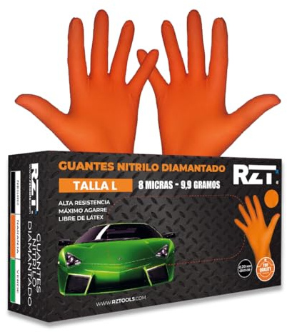 RZ TOOLS Guantes de Nitrilo Desechables Naranja | Guantes Extra Gruesos con Textura Diamante | Guantes para Taller y Montaje de Alta Resistencia Desechables | Tamaño S, L, M y XL | 7 Micras (100, L)
