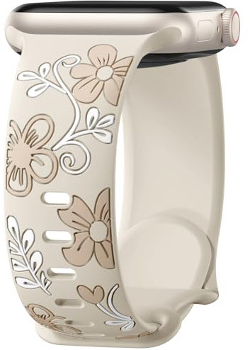 Mastten Correa floral compatible con Apple Watch Pulsera Mujer - Correa de silicona suave para iWatch SE 44 mm 45 mm 46 mm 49 mm - Correa grabada con flores dulces para iWatch Series 10 9 8 7 6 5 4 3