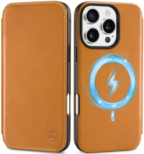 SHIELDON Wallet Case for iPhone 16 Pro, Genuine Leather Slim Foldable Case [RFID Blocking][Card Holder] Magnetic Shockproof Wireless Charging Cover Compatible with iPhone 16 Pro - Retro Light Brown