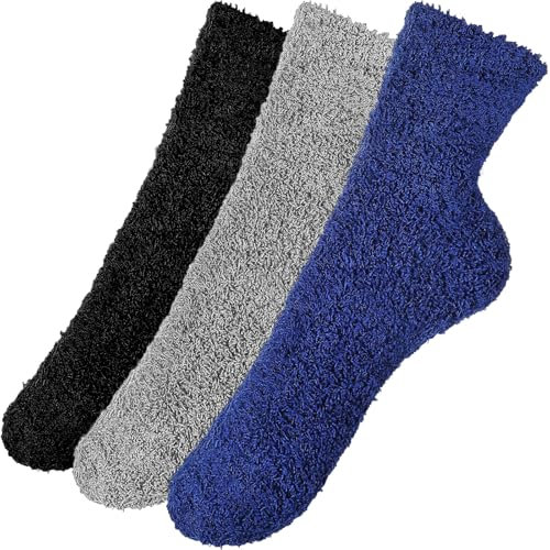 Geyoga 3 Paia Calzini da Uomo da Notte Invernali in Pile da Letto Termici per Casa(Nero, Blu Navy, Grigio Chiaro,L)