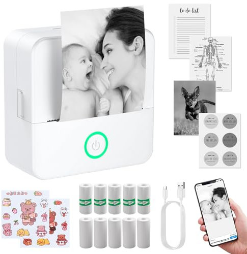 eSynic Mini Impresora para Movil, Impresora Fotográfica Portátil con 10 Rollos de Papel Mini Impresora Térmica Conexión Bluetooth Sin Tinta para Fotos, Diarios, Notas de Estudio
