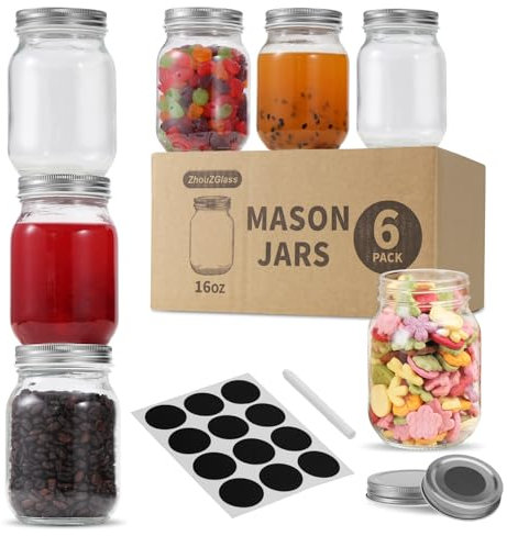 Glass Regular Mouth Mason Jars, 16 oz Clear Glass Jars with Silver Metal Lids for Sealing, Canning Jars for Food Storage, Overnight Oats, Dry Food, Snacks, Candies, DIY, Meal Prep (Silver, 6PACK)