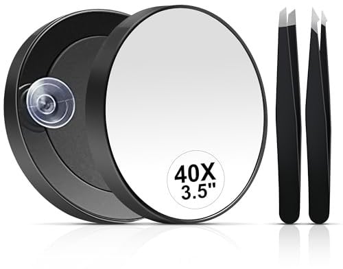 MIYADIVA Espejo de Aumento de 40X, pequeño Espejo de Aumento con Ventosa y Pinzas, como Espejo de Aumento de Viaje, Juego de Espejo Compacto para depilar Cejas de 3.5 Pulgadas