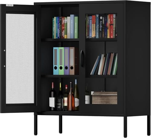 Armoire Metallique Rangement,Meuble de Rangment en Métal,Buffet avec 2 Portes Grillagées,Étagères Réglables,pour Cuisine, Entrée, Salon, Bureau à Domicile,40 x 80 x 102 cm, Noir