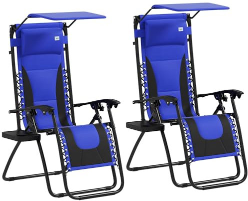 Outsunny Zero Gravity Lounger Chair Set of 2, Folding Reclining Patio Chair with Shade Cover, Cup Holder, Soft Cushion and Headrest for Poolside, Camping, Blue