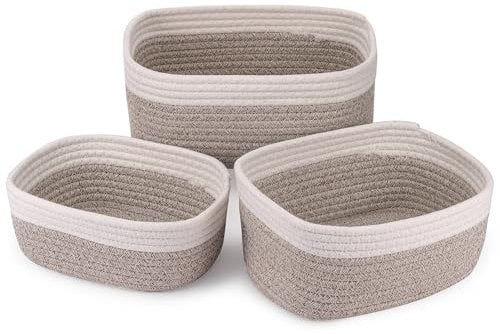 Yimomoyi Set of 3 Woven Storage Baskets, Cotton Rope Basket Woven Storage Baskets White Rope Desktop Bins Organizer Bathroom Storage Basket for Cupboard Nursery Decor