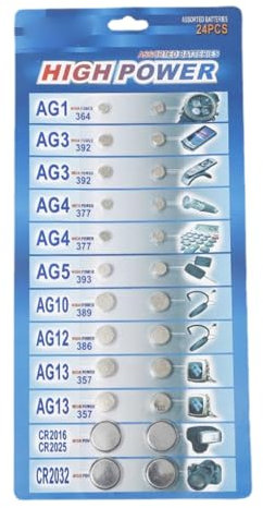 Xuanxi Juego de 24 pilas AG1/AG3/AG4//AG5/AG10/AG12/AG13 para reloj, cámara, botón mixto, pila de botón CR2016 CR2025
