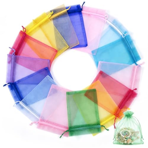 100 Stück Organzabeutel mit Kordelzug für Geschenke (mischen,5x7cm) | Transparentes Organza Säckchen mit Kordelzug – leer zum Befüllen für Lavendel, Obstschutz & Weihnachtsgeschenke.