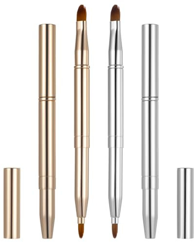 Lot de 2 pinceaux à lèvres à double extrémité rétractables pour rouge à lèvres, fard à paupières, lèvres brillantes, avec couvercle (doré argenté)