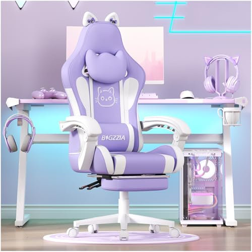 bigzzia Sedia Gaming Carina con Orecchie di Gatto, Sedia da Gioco con supporto Lombare Massaggiante, Sedia Ergonomica per Computer per Ragazza con Poggiapiedi e Poggiatesta (Viola e bianco)